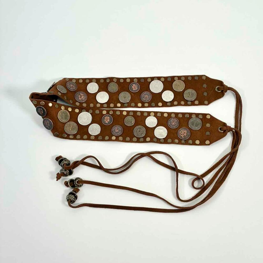 Vtg Y2K Perry Ellis Boho Wide Suede Coin Belt - Statement Belt - Size ML